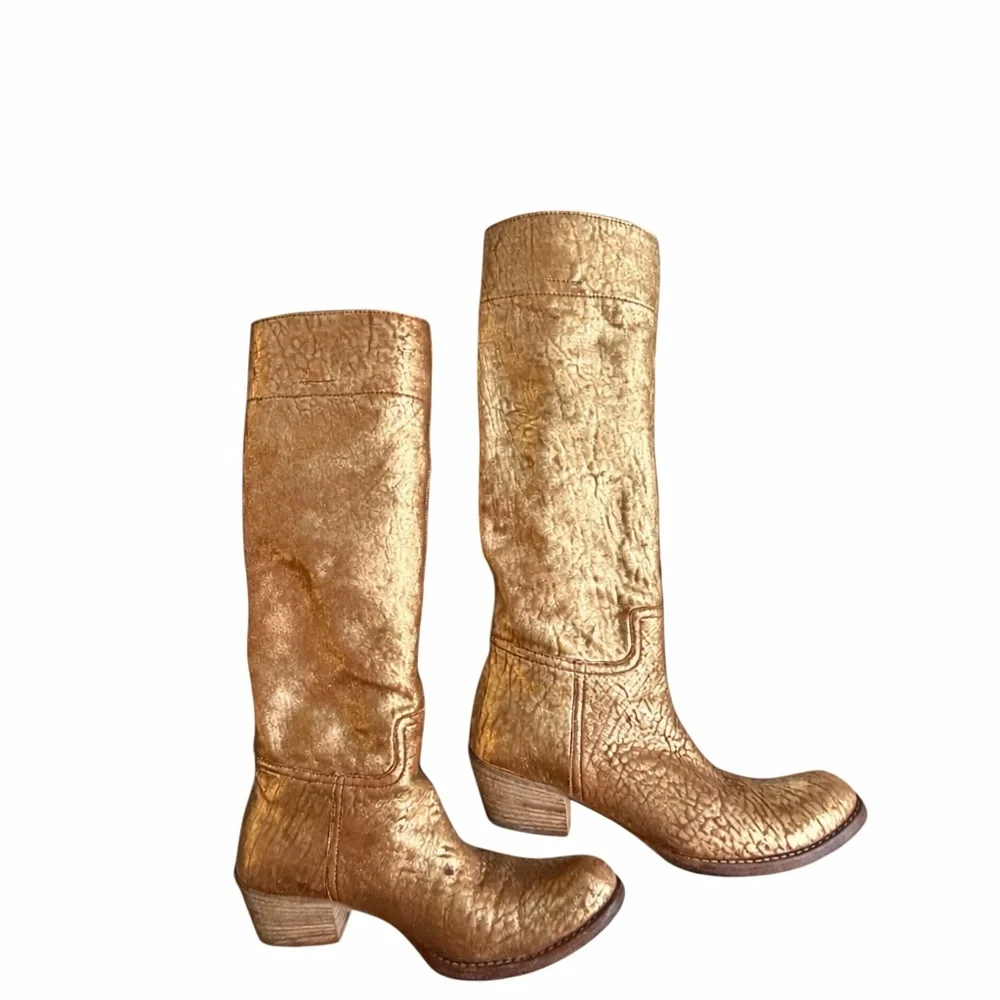 RARE Miu Miu Vintage Gold Metallic Leather Boots Sz 35 Cowboy Festival Boho - Picture 5 of 16